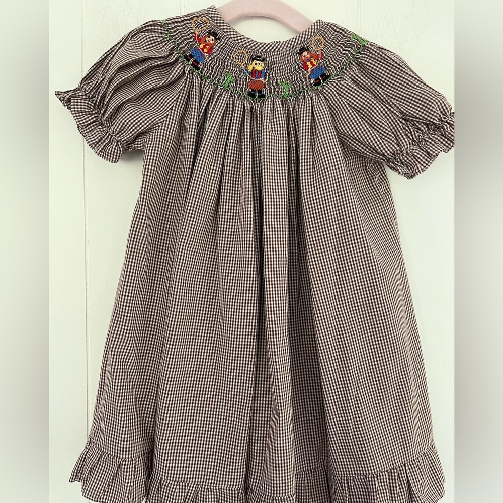 Silly Goose Smocked Cowgirls Brown White Gingham Plaid Dress Size 12 Months - Picture 3 of 16
